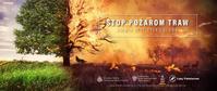 Plakat z napisem Stop wypalaniu traw. W tle pożar